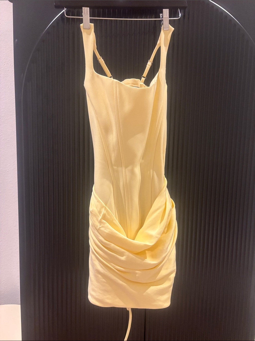 Adjustable-Strap Pale Yellow Ruched Mini Dress